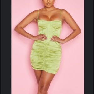 PLT Olive Satin Strappy Corset Detail Ruched Bodycon Dress🧚🏼